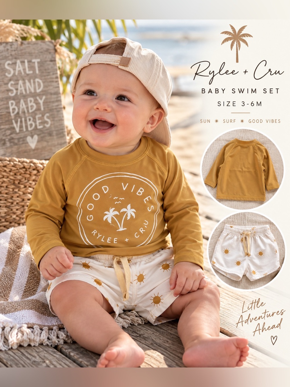 Rylee + Cru Good Vibes Baby Boy Rashguard Swim Set Sun Print 3-6M